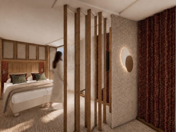 A modern bedroom with a bed, a wooden partition, a wall-mounted light, and patterned curtains.