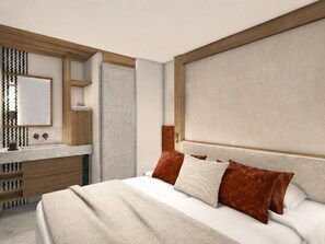 A bedroom with a bed, a bedside table, a mirror, and a wardrobe.