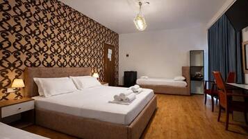 Desk, laptop workspace, blackout drapes, free WiFi