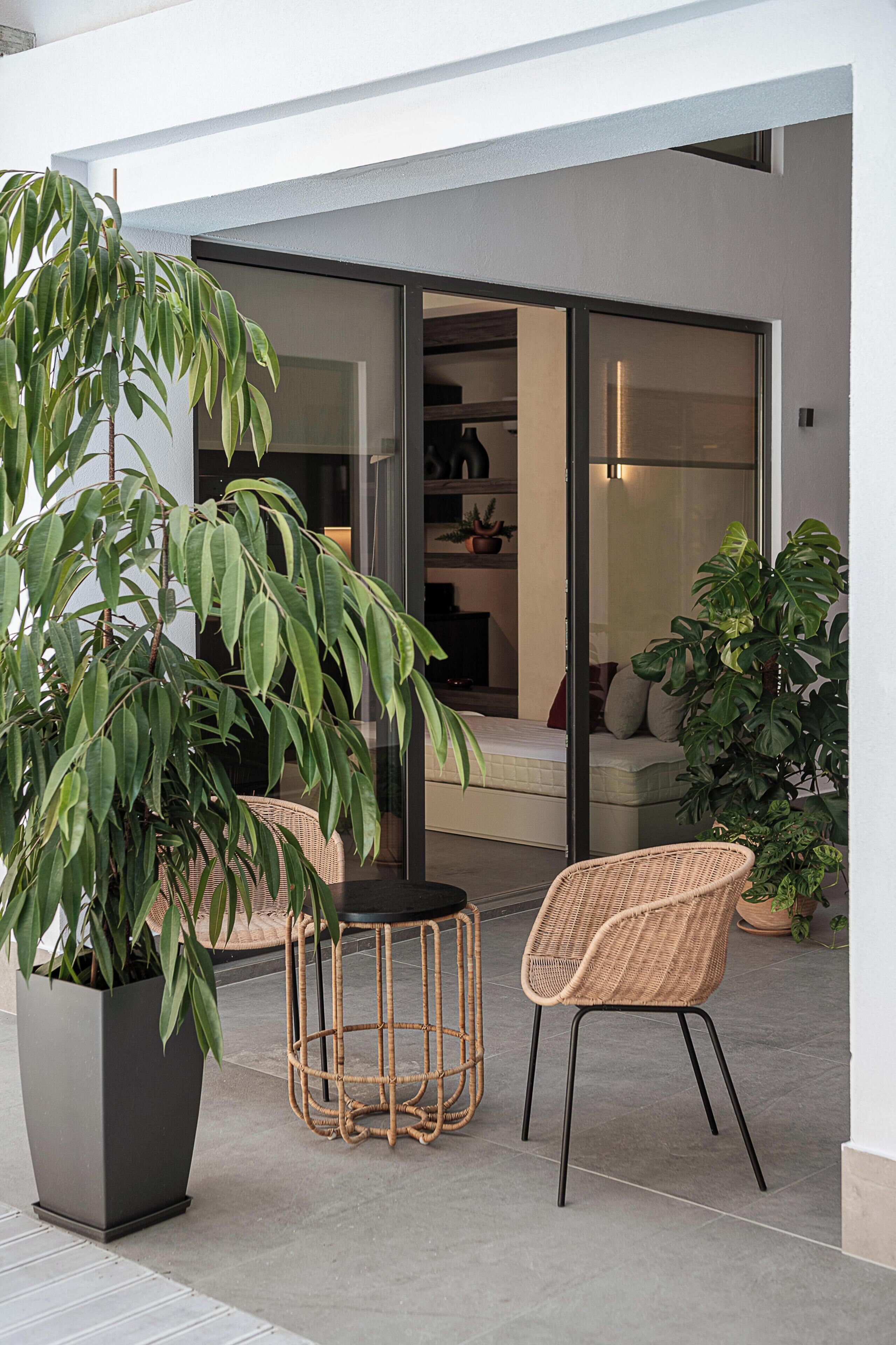 A modern outdoor seating area with wicker furniture, a large potted plant, and a sliding glass door leading to a room.