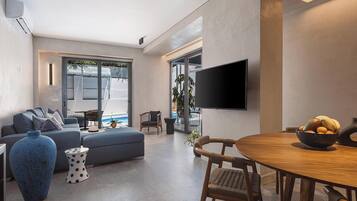 Premium Apartment | Living room | 55-inch Smart TV with satellite channels, TV, fireplace