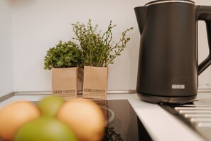 Kühlschrank, Mikrowelle, Herdplatte, Wasserkocher mit Kaffee-/Teezubehör