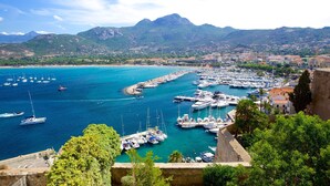 A coastal marina with numerous boats docked, surrounded by lush greenery and mountains in the background. - Family Vacation Apartment with Panoramic Sea View (Calvi)