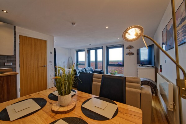 Comfort Apartment | Living area | 75-inch Smart TV with cable channels, TV - Lovely 1 bedroom apartment with a view (Liverpool)