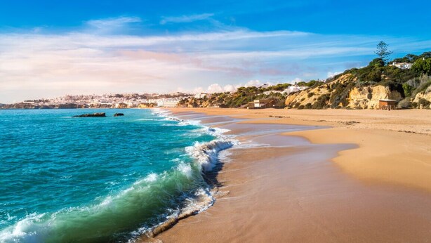 A coastal beach with clear blue waters, a sandy shore, and a town in the background.