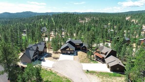 Un quartier résidentiel composé de plusieurs maisons, entouré d’une forêt dense, avec une maison principale dotée d’un toit à pignon bien visible et une allée menant à cette maison.