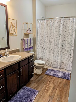 Combinazione doccia/vasca, asciugamani, sapone, carta igienica