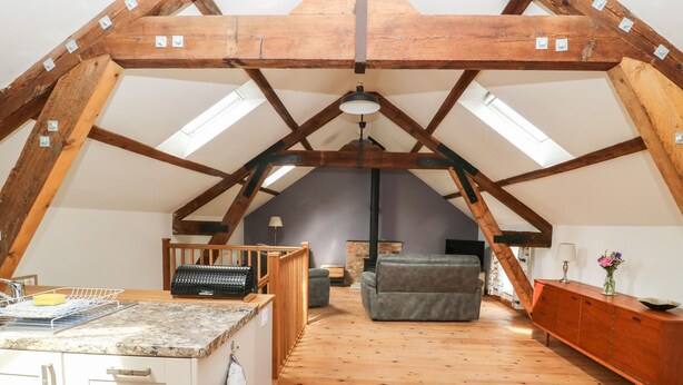 Une pièce de style loft avec un plafond en pente, des poutres en bois, un coin cuisine équipé d’un évier et d’un égouttoir, un canapé et un téléviseur.