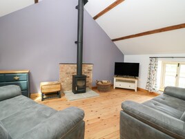Una sala de estar acogedora con chimenea, televisor y asientos cómodos.