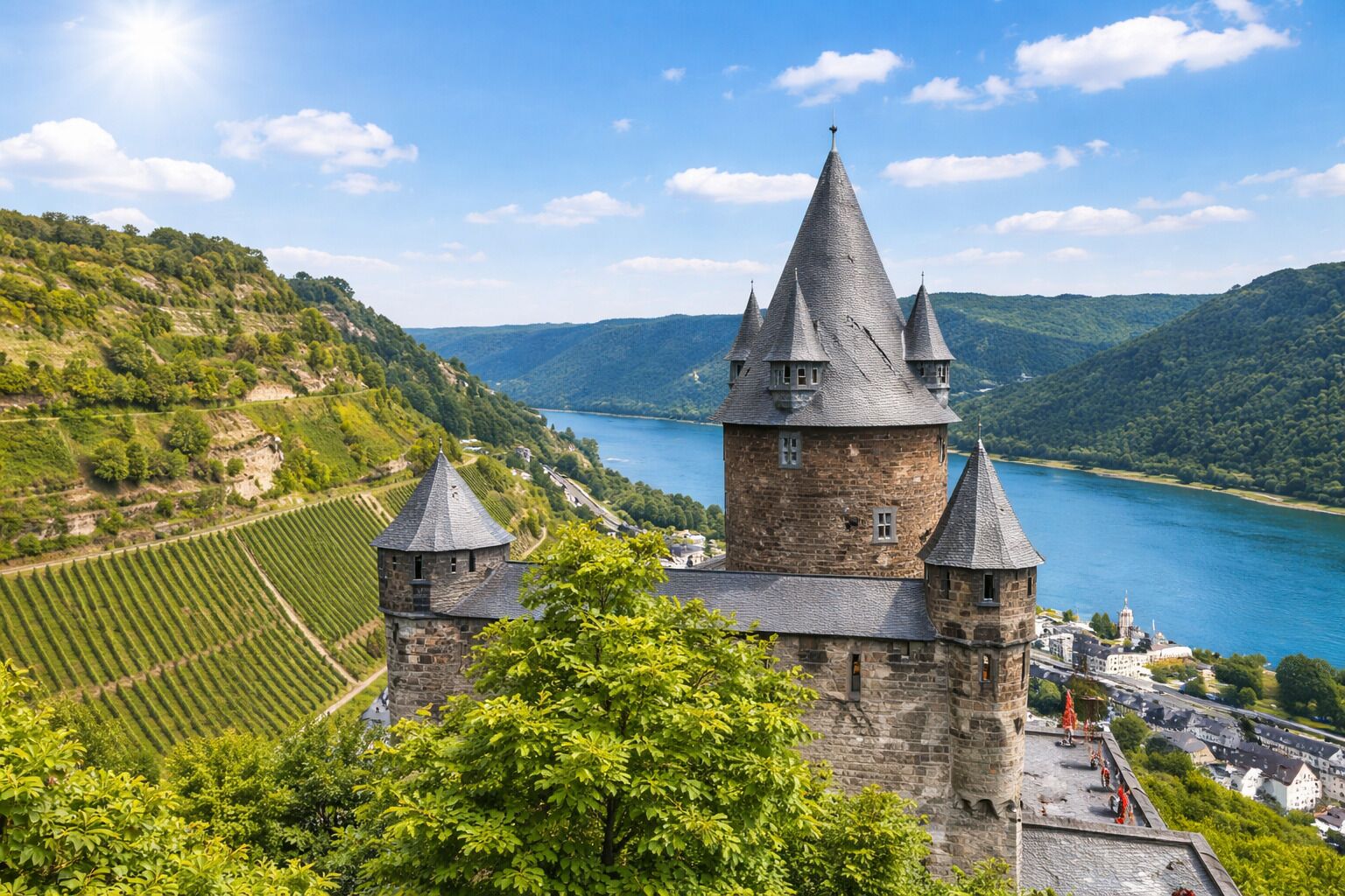 Un château doté de nombreuses tours, entouré d’une végétation luxuriante et bordé par une rivière.