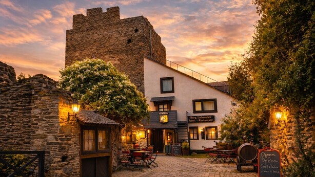 A stone building with a sign for 'Burg Lichtenstein Hotel & Restaurant,' outdoor seating, and a cobblestone courtyard.