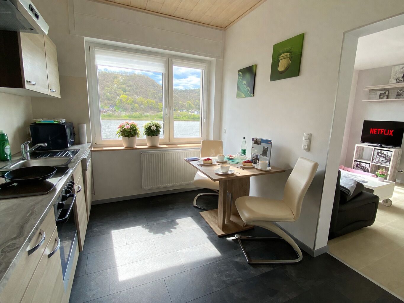 Cocina compacta con comedor, televisor y vista al lago.