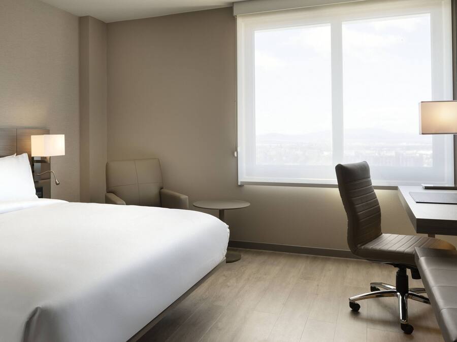 A hotel room with a large bed, a desk, a chair, a small table, and a window with a city view.