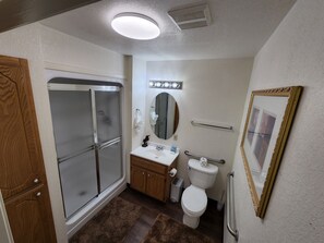 Combined shower/tub, hair dryer, towels, soap