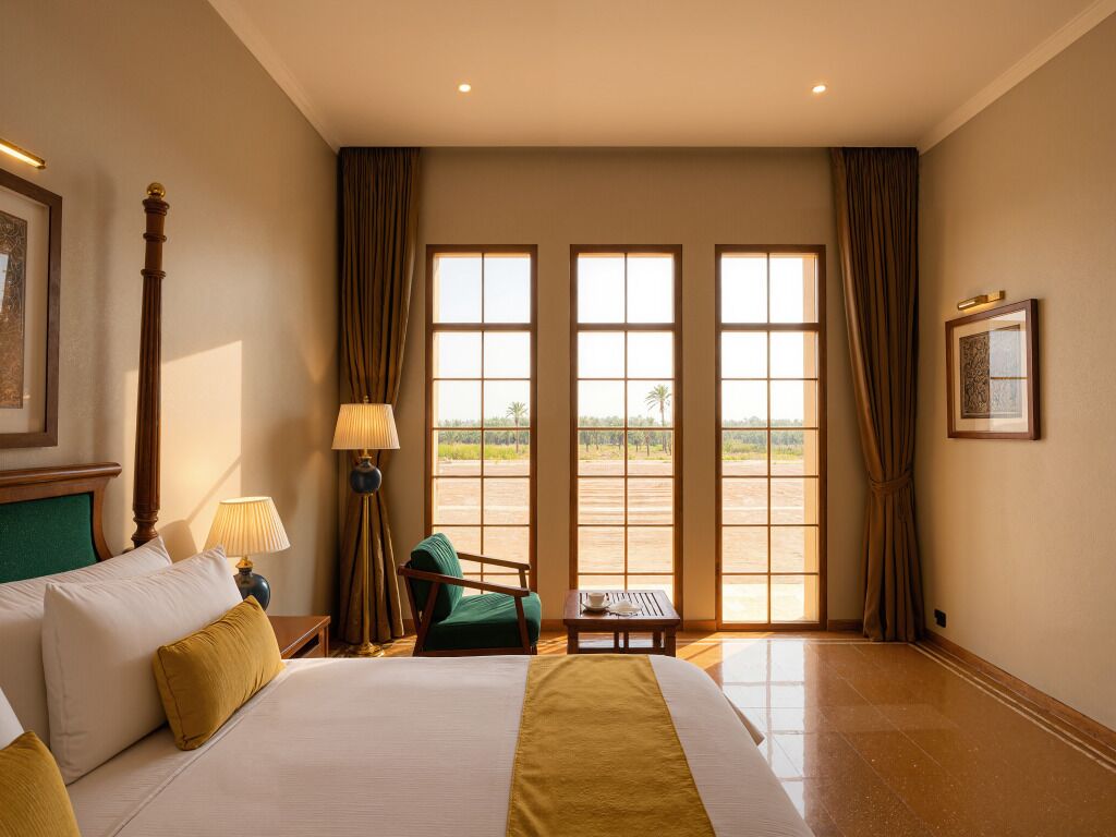 Habitación de hotel con una cama grande, un escritorio, una silla y vistas a través de las ventanas.