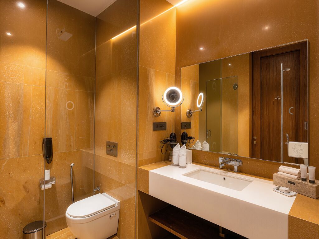 A modern bathroom with a large mirror, a toilet, and a sink.