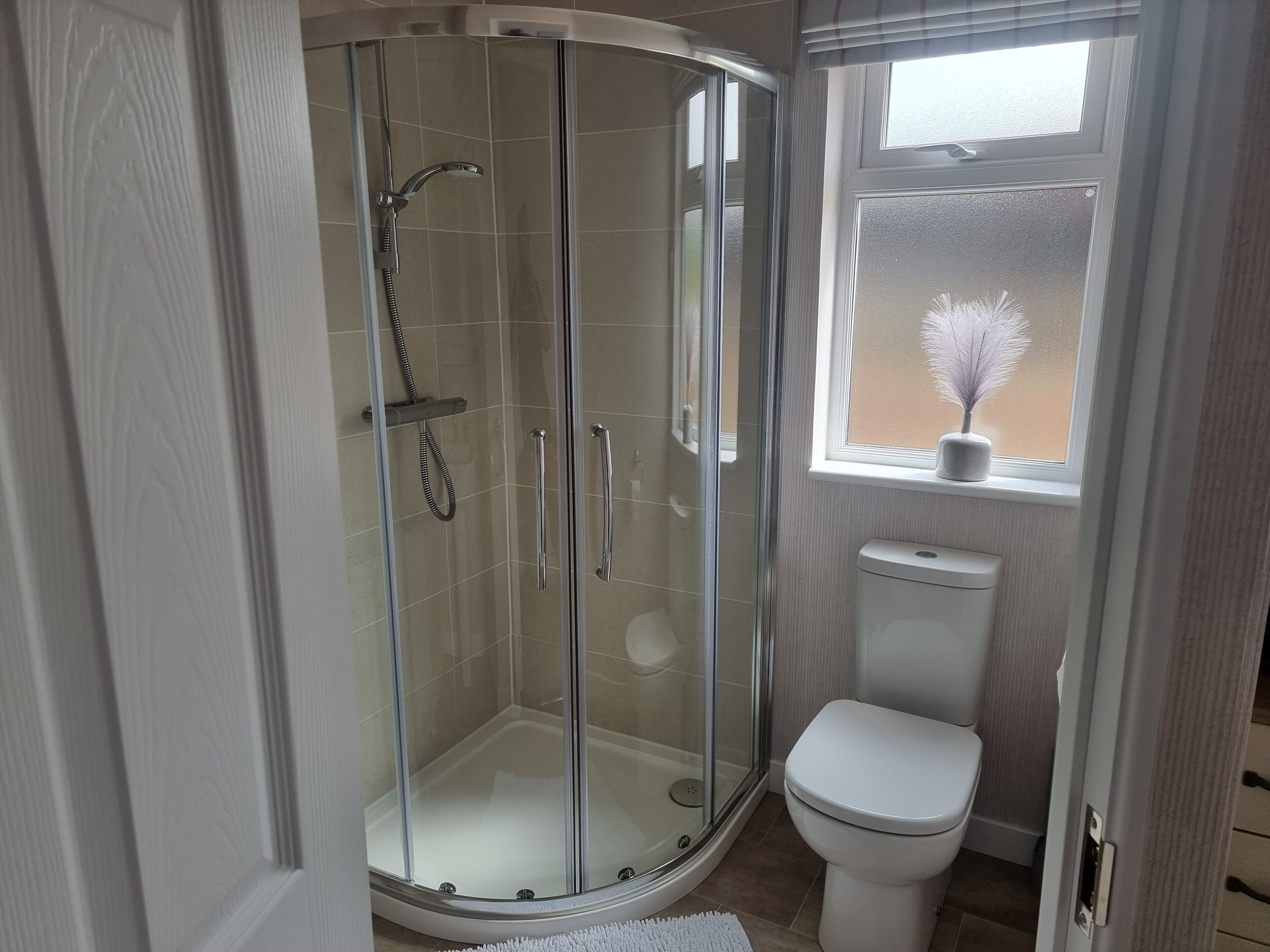 A modern bathroom with a glass-enclosed shower, a white toilet, and a window with a potted plant.