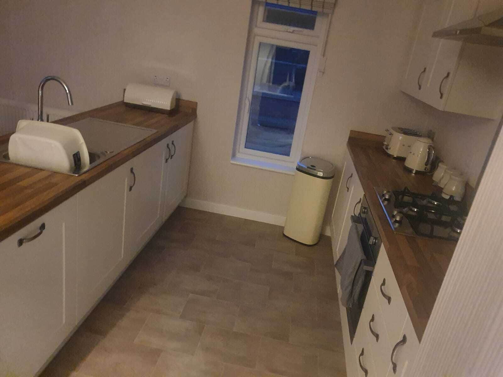Una cocina compacta con lavamanos, encimera y estufa.