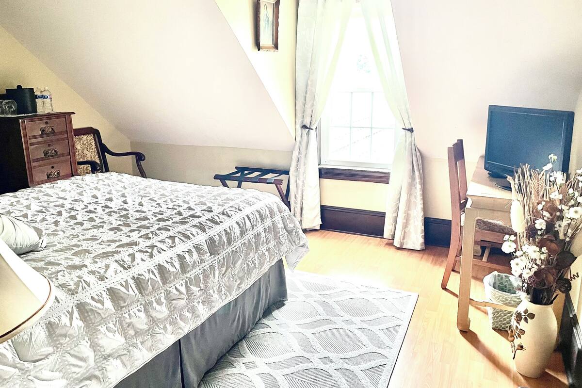 A bedroom with a bed, a desk, a chair, a TV, and a window with curtains.