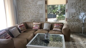 Un salon avec un canapé marron, des coussins à motifs, une table basse en verre et un ventilateur sur pied.