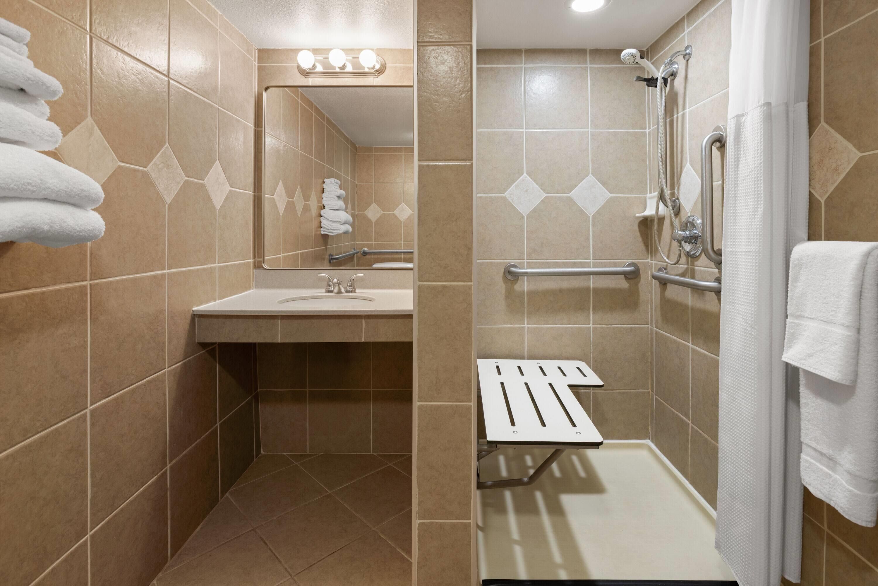 Ein Badezimmer mit Waschbecken, Spiegel, Dusche und Handläufen.