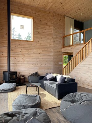 Fireplace, books, stereo
