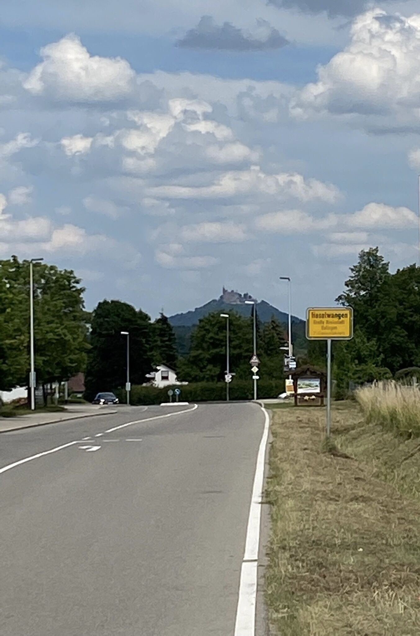 A road with a sign indicating a castle in the distance.