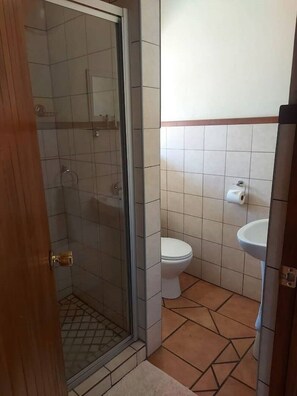 Shower, towels, soap, shampoo