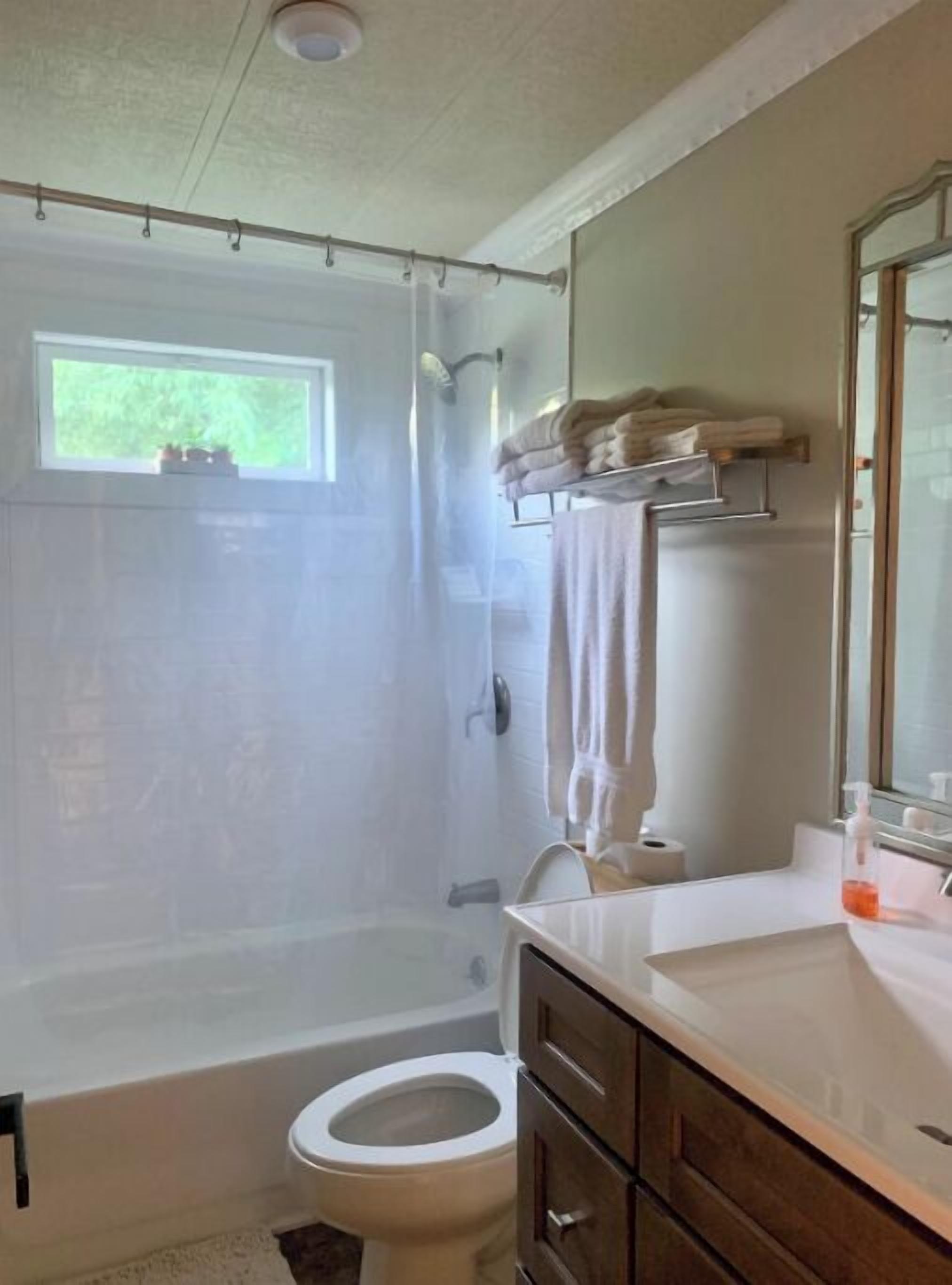 Une salle de bain avec une baignoire, des toilettes et un lavabo.