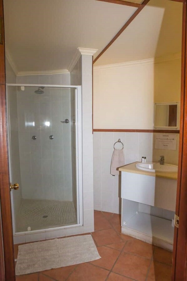 Shower, towels, soap, shampoo