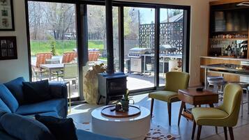 TV, fireplace, books