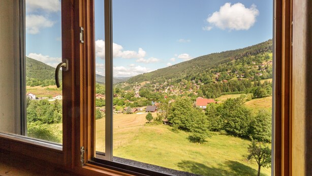Uitzicht vanuit een raam op een landelijk landschap met huizen, bomen en heuvels.