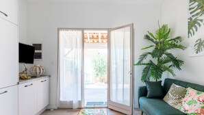 A compact living space with a kitchenette, a sofa with cushions, a potted plant, and a view through a glass door.