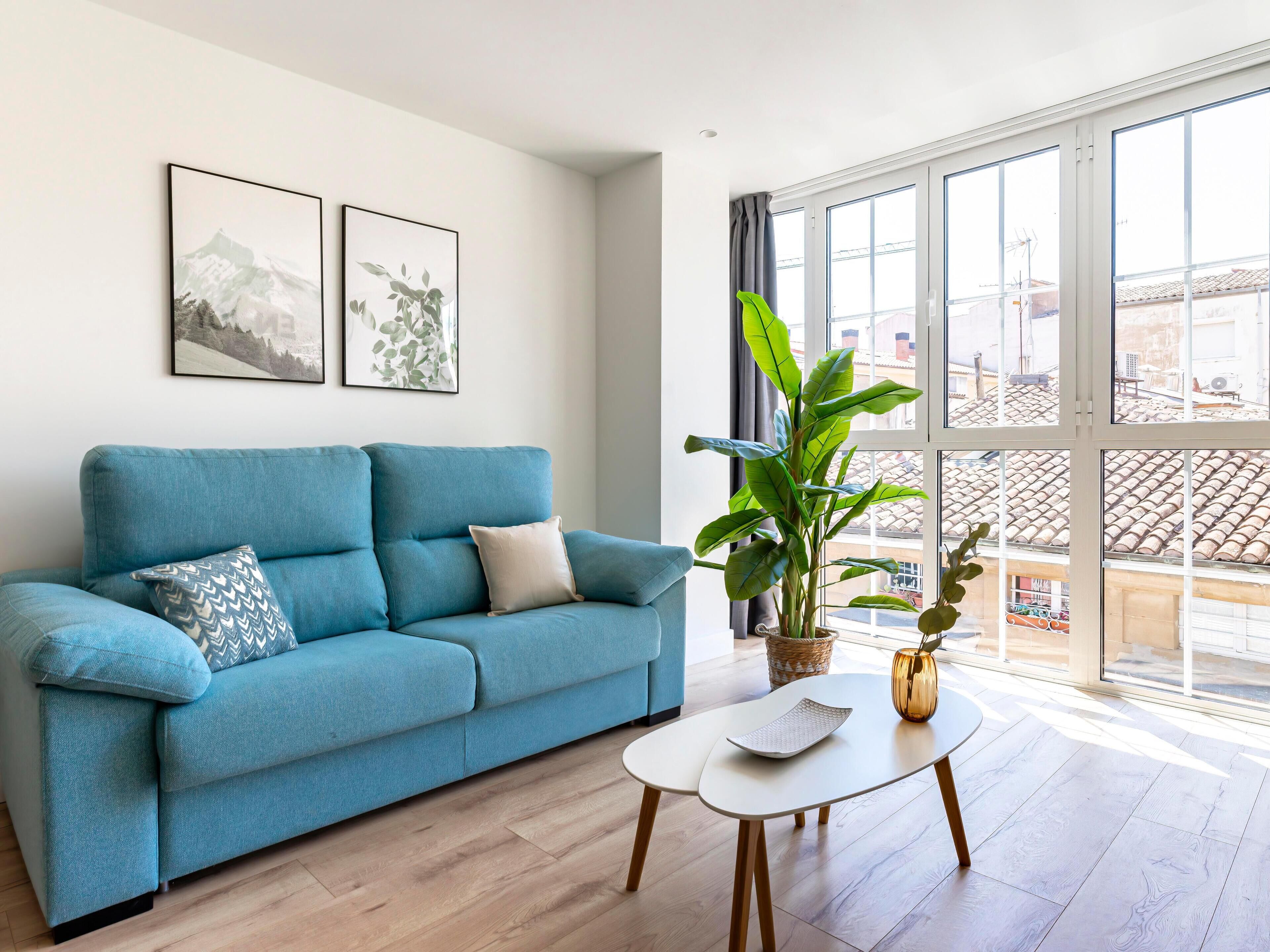Un salon avec un canapé bleu, deux coussins, une table basse, une plante en pot et deux tableaux encadrés accrochés au mur.