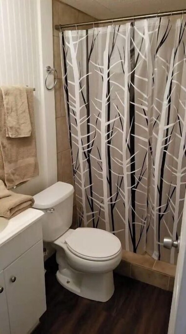 Shower, towels, soap, shampoo