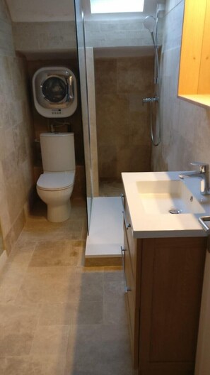 Shower, hair dryer, soap, toilet paper