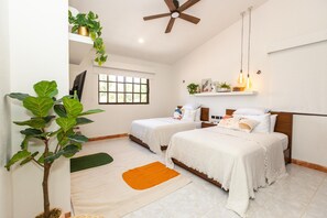 A bedroom with two beds, a ceiling fan, a window, and a shelf with plants and decorative items.