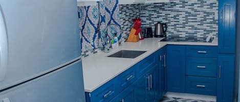 Fridge, microwave, stovetop, electric kettle