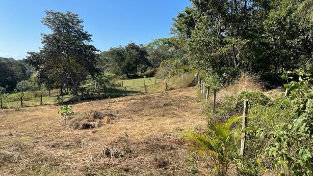 A dry, grassy field with sparse vegetation and a wooden fence. - condo Beach Jack (Jacó)