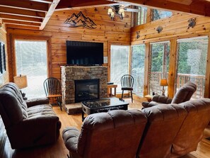 Smart TV, fireplace, video games, DVD player