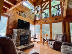 Smart TV, fireplace, video games, DVD player