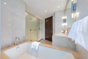 Bathtub, hair dryer, bidet, towels