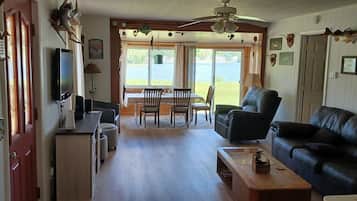 Smart TV, fireplace, DVD player, foosball