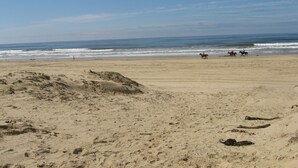 Ein Strand mit Pferden und Reitern, sandigem Gelände und dem Meer im Hintergrund.