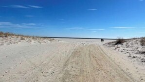 Un sendero arenoso que conduce al océano bajo un cielo azul despejado.