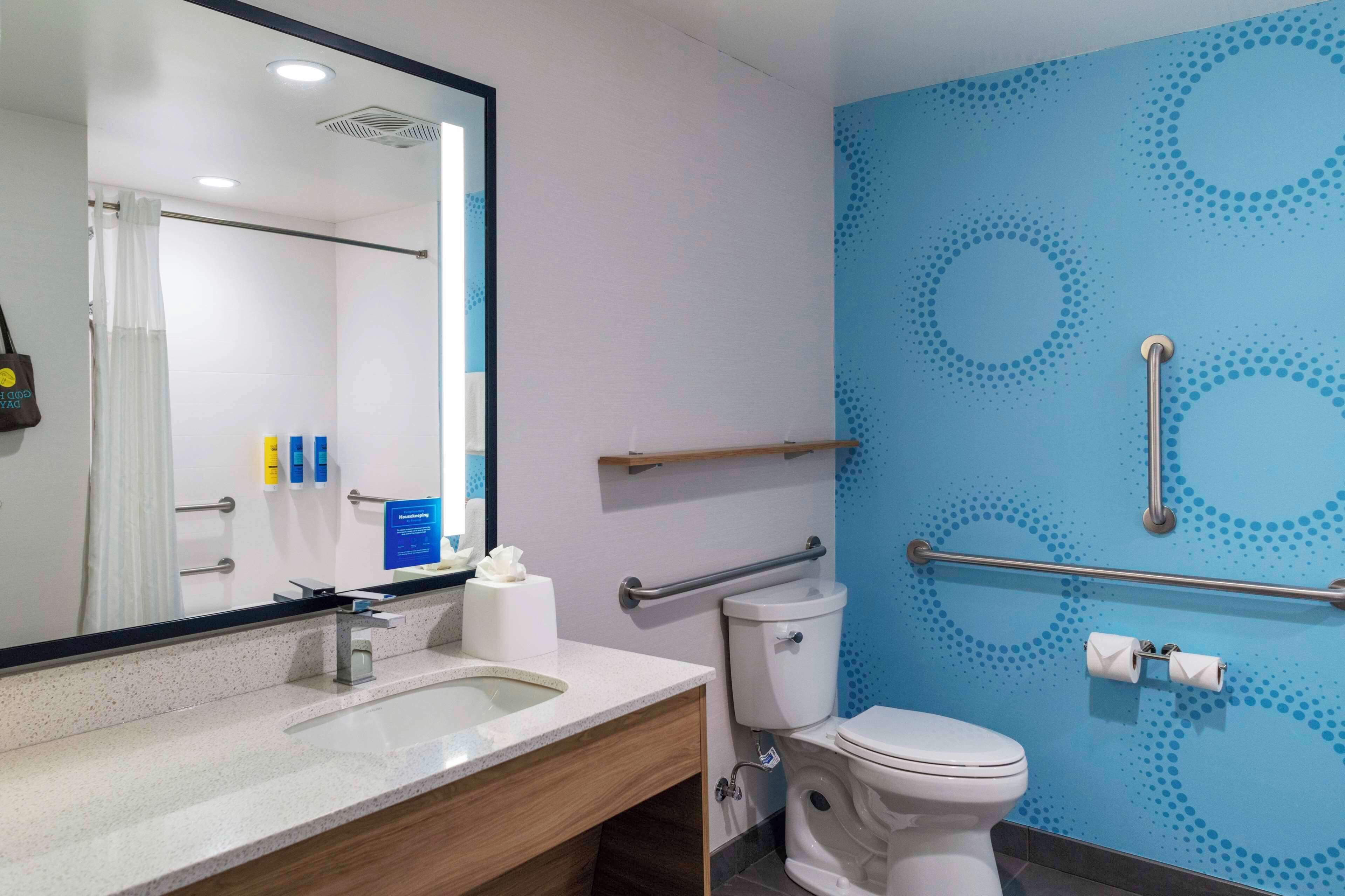 A bathroom with a white sink, mirror, and toilet. There are handrails and a blue wall with circular patterns.