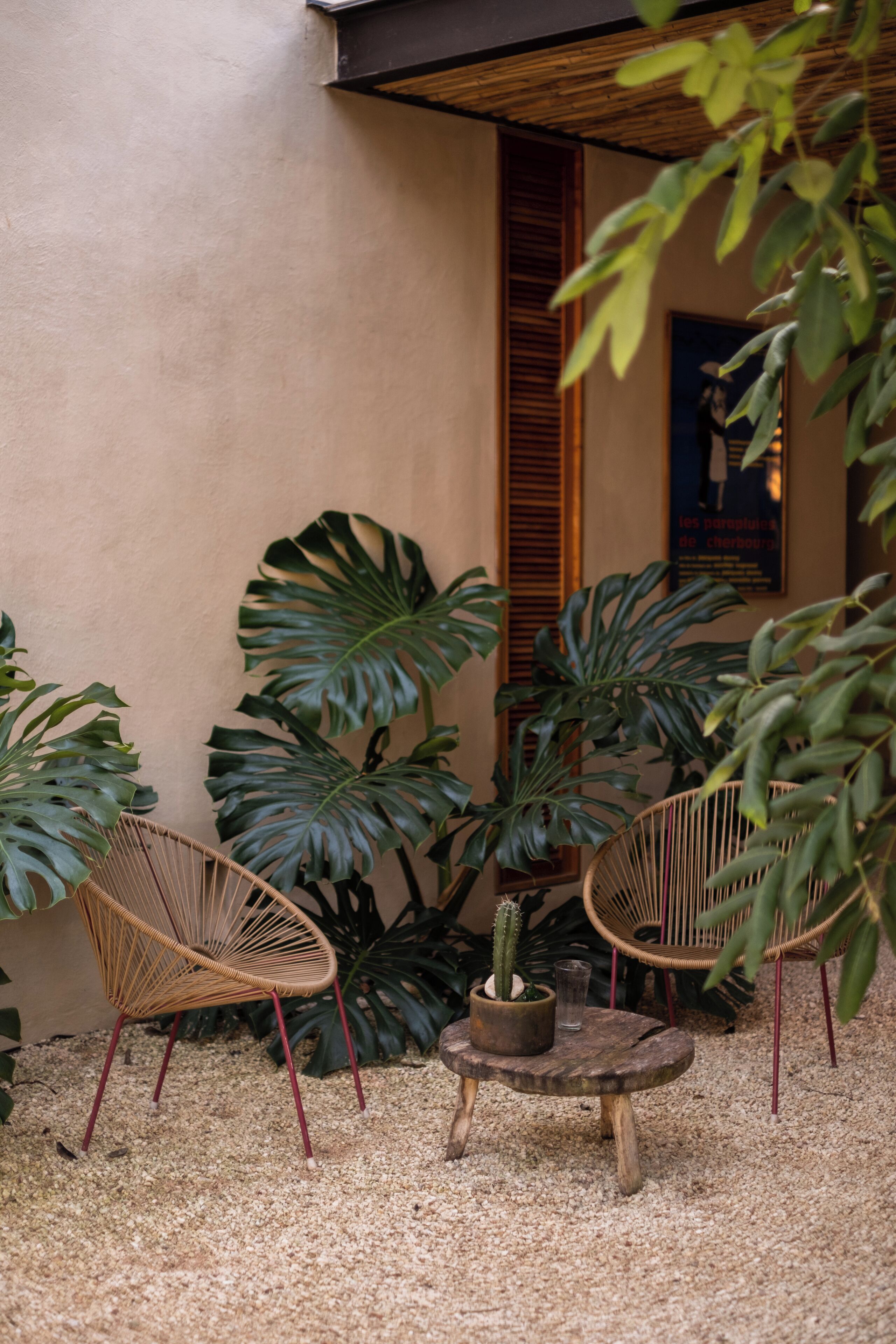 A small, enclosed outdoor area with two wicker chairs, a round wooden table, and large potted plants.