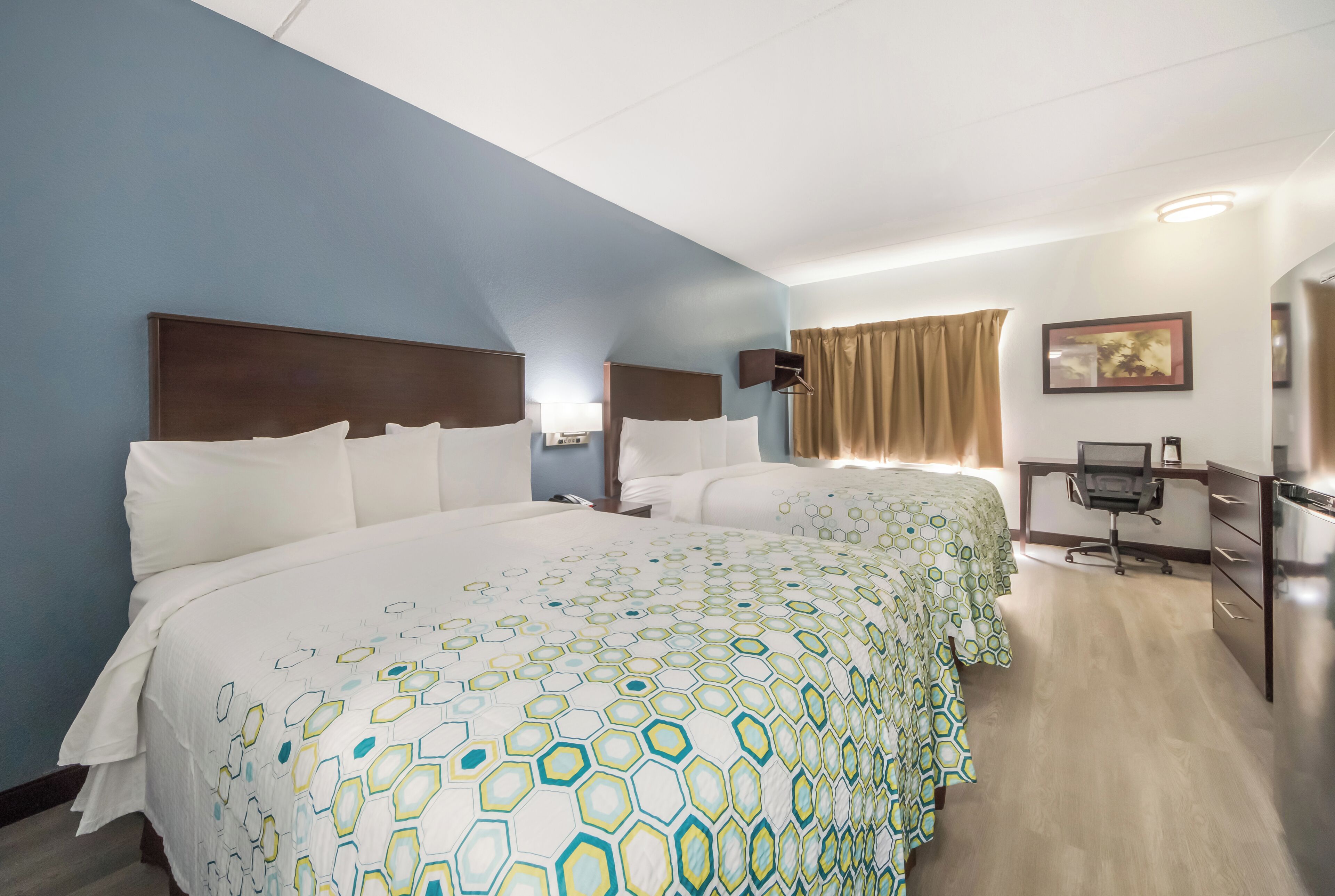 Desk, blackout curtains, free WiFi, bed sheets