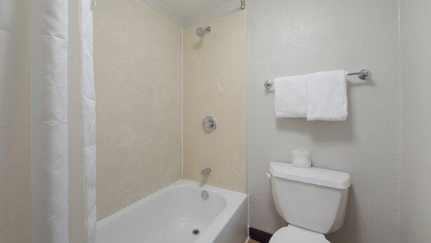 Een badkamer met een bad, toilet en handdoekhouder.