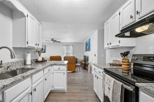 Full-size fridge, microwave, oven, stovetop